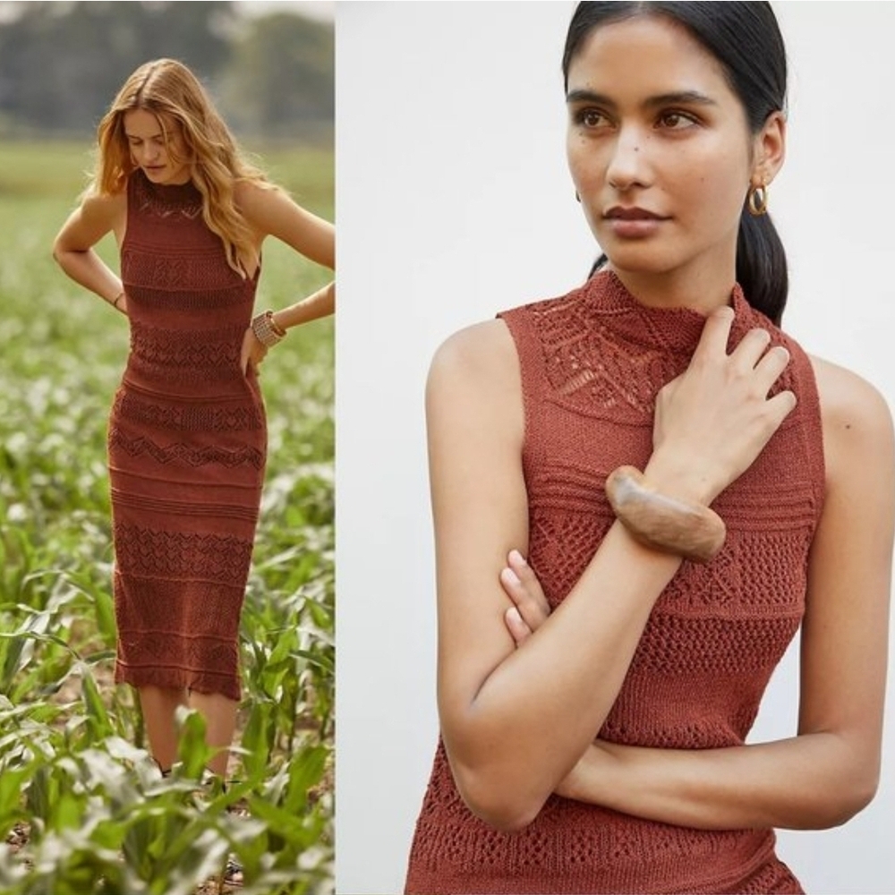 Sleeveless High-Neck Knit Midi Dress - Rust